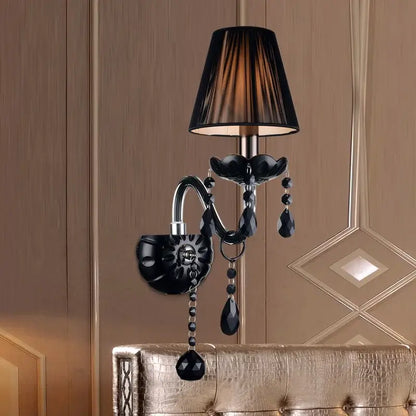 Elegant modern black crystal wall lamp with fluted lampshade and teardrop beads perfect as decorbites crystal wall pendant light