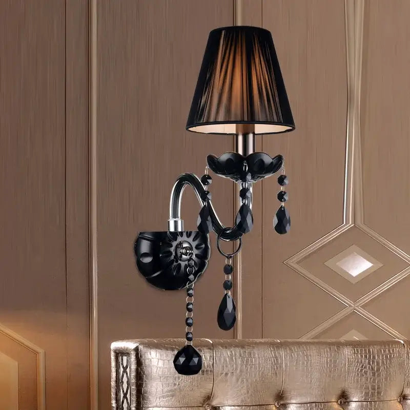Elegant modern black crystal wall lamp with fluted lampshade and teardrop beads perfect as decorbites crystal wall pendant light
