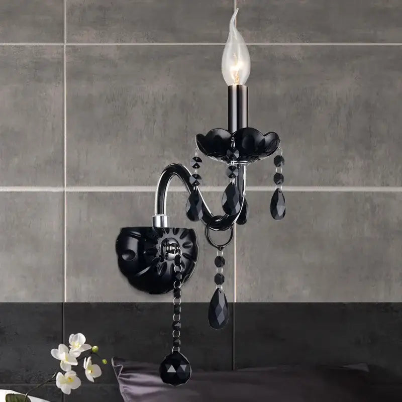 Modern black crystal wall lamp with twin candle-style LED bulbs and crystal droplets for bedroom pendant light decorbites crystal wall