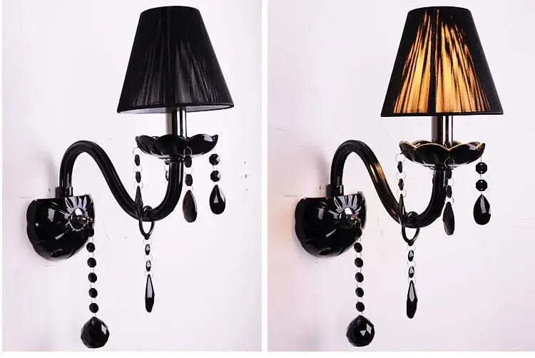 Modern black crystal wall lamp twin led sconce with fluted glass pendant light and dangling crystal beads for bedroom decorbites crystal wall