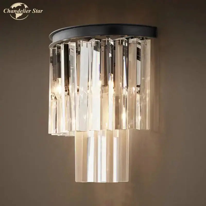 Black metal wall lamp with cascading clear crystal prisms decorbites crystal wall lamp for modern bedroom decor