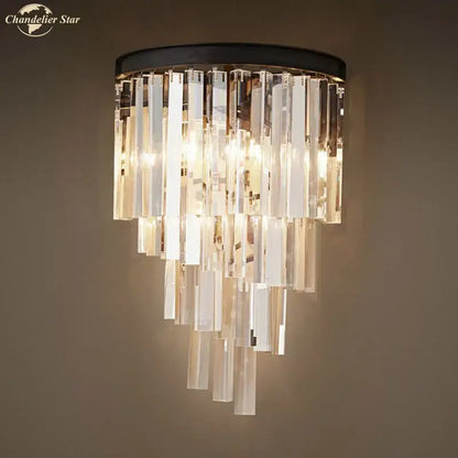 Modern black crystal wall lamp with clear glass rods and black circular base for elegant bedroom decorbites crystal wall lighting