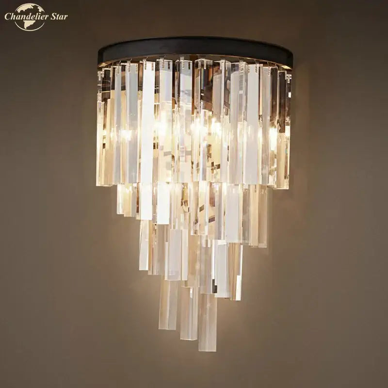 Modern black crystal wall lamp with clear glass rods and black circular base for elegant bedroom decorbites crystal wall lighting
