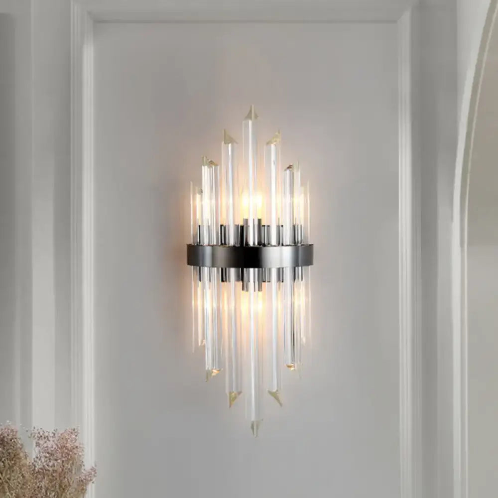 Modern black crystal wall lamp with clear glass rods and sleek chrome base for living room lighting