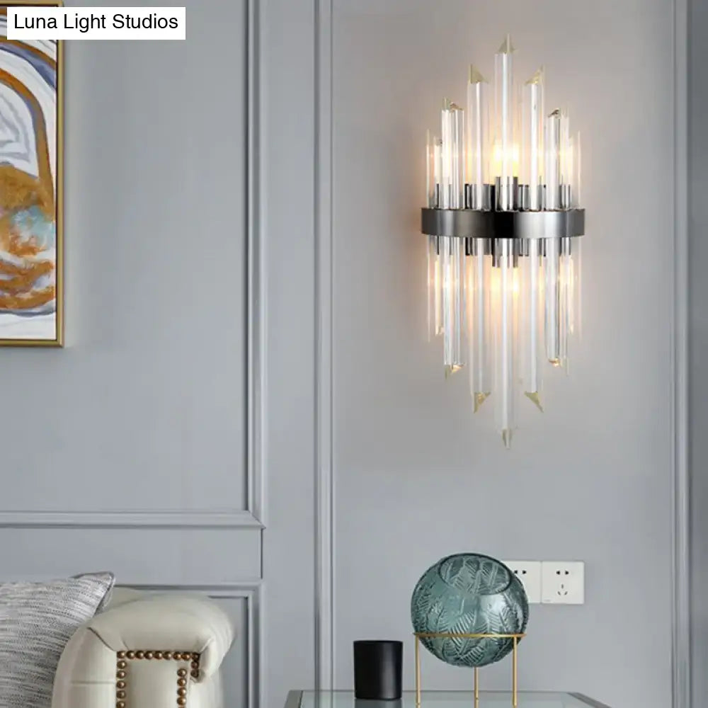 Modern black crystal wall lamp for living room with sleek chrome base and clear glass rods tipped in gold