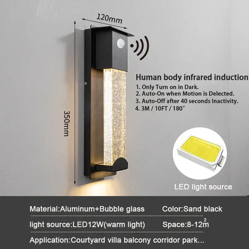 Modern black wall light with pir motion sensor featuring sand black aluminum frame and textured bubble glass panel for outdoor use