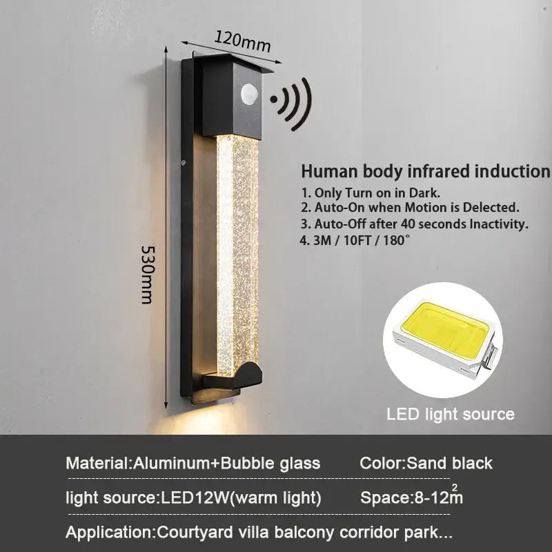 Modern black crystal wall light with pir motion sensor featuring sand black aluminum frame and textured bubble glass panel