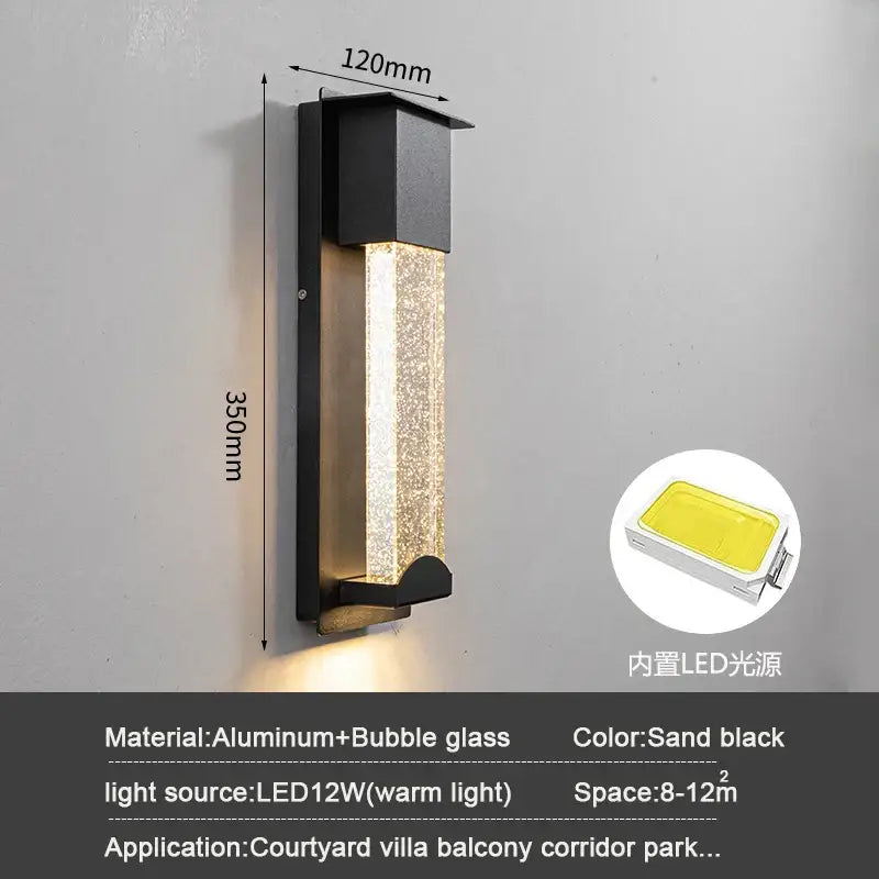 A modern sand black wall light with aluminum frame bubble glass and pir motion sensor for outdoor use emitting warm light