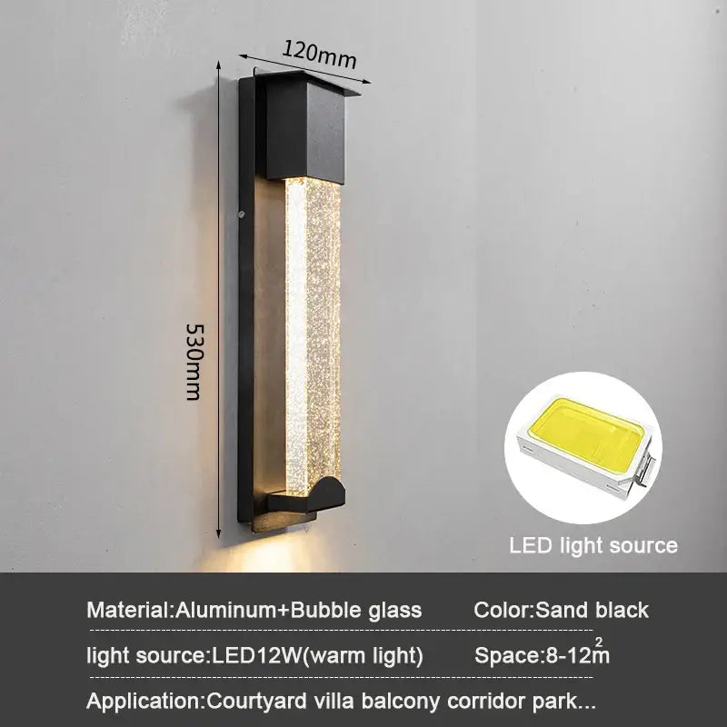 A sleek sand black wall light with textured bubble glass and aluminum frame featuring a pir motion sensor for outdoor use