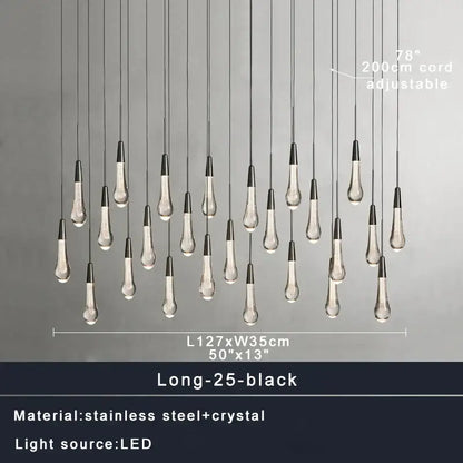 Modern black crystal chandelier light fixture with clear water-drop pendants and adjustable 200cm cords by decorbites