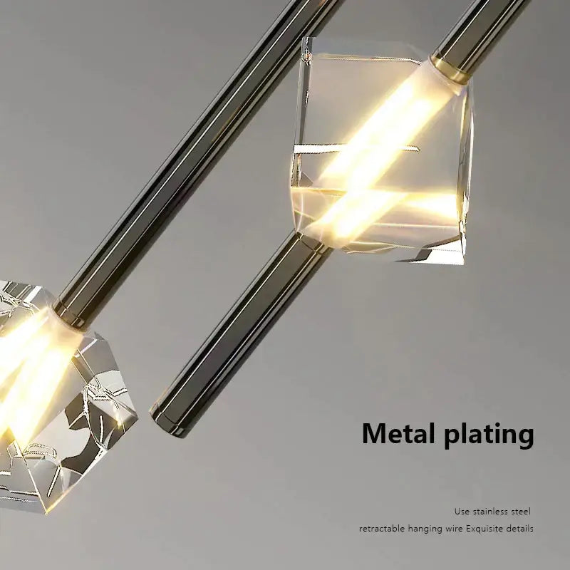 Modern black cube crystal pendant lamps featuring crystal encased led light with sleek metallic rods and chrome finish
