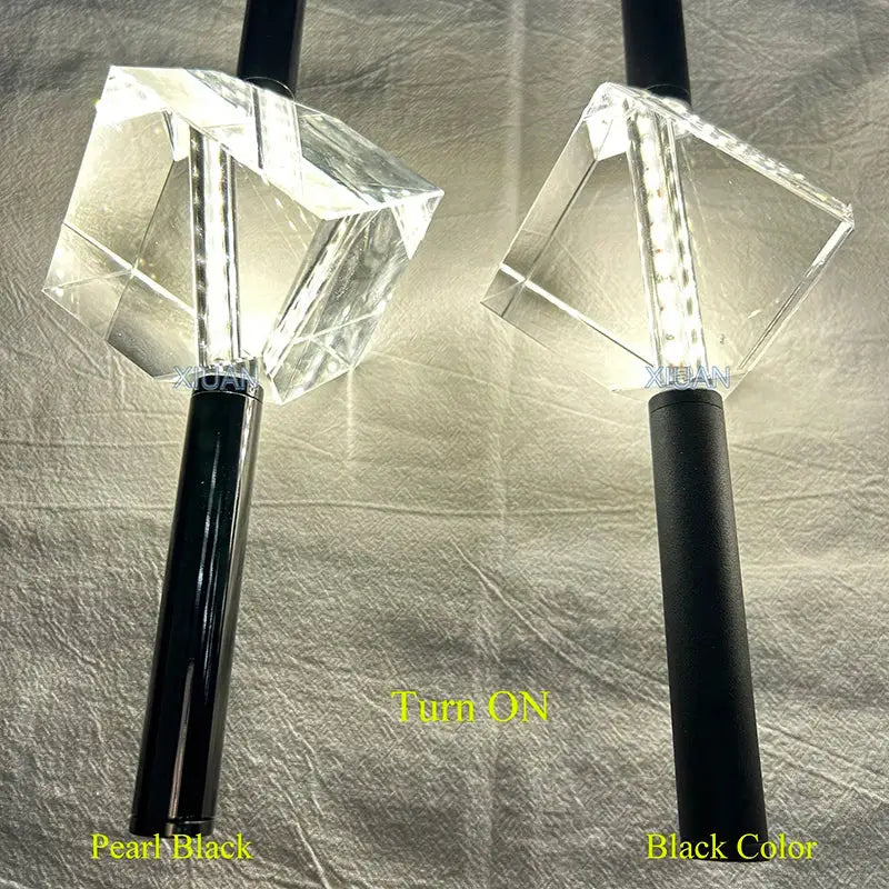 Modern black cube crystal pendant lamps featuring crystal cube led light sticks with black handles in pearl black and black finishes