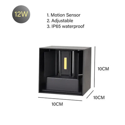 Modern black cube wall lamp with 12w motion sensor led, adjustable angle, and ip65 waterproof rating for outdoor use