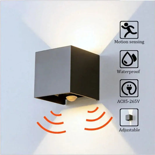 Modern black cube motion sensor led wall lamp designed for outdoor use with waterproof features and sleek design