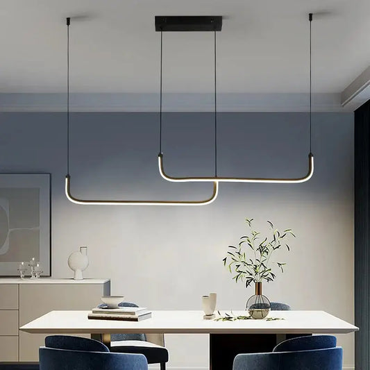 Modern black finish pendant light with sleek curved led strips and warm white glow for dining room modern design