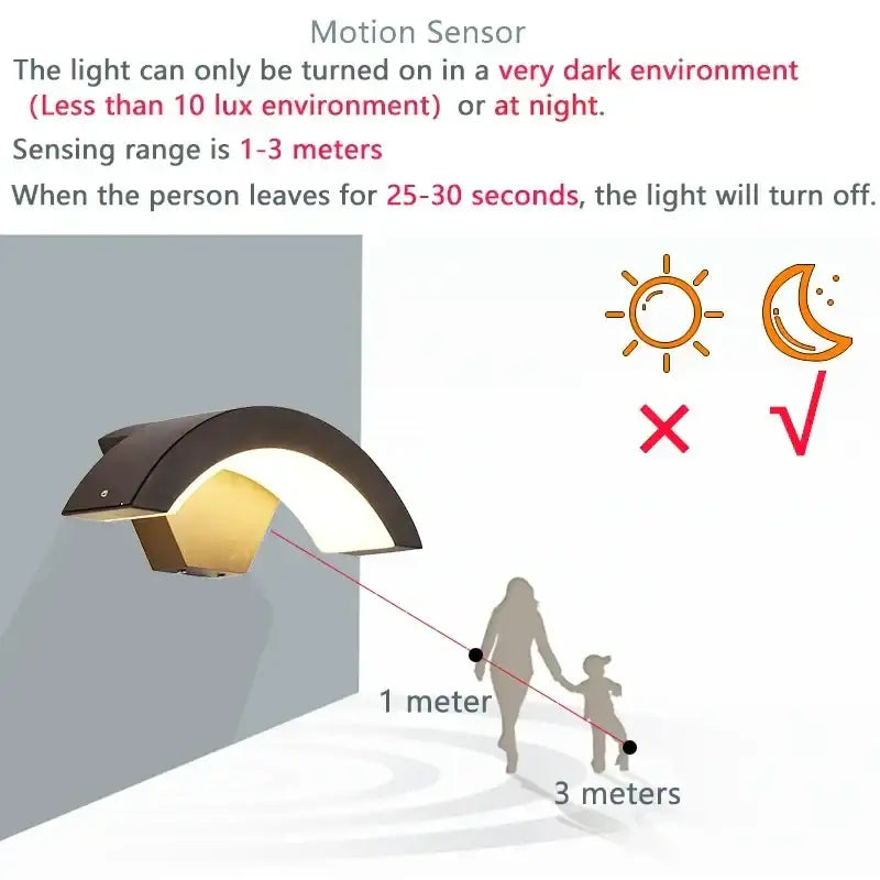 Modern black curved led waterproof outdoor wall lamp with dark brown motion sensor and warm white illuminated interior