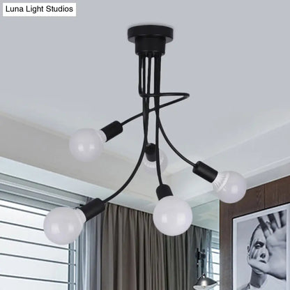 Lámpara de techo moderna con brazos curvos de metal negro: una lámpara de araña sencilla pero elegante con 3 o 5 luces para la decoración del comedor.