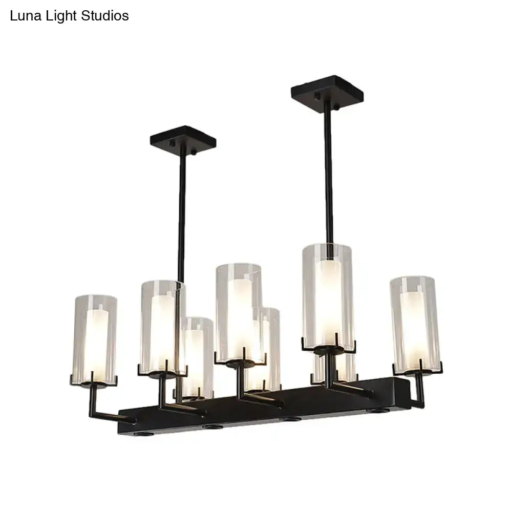 Black metal chandelier with cylinder clear glass shades designed as clear glass island light for traditional pendant lighting