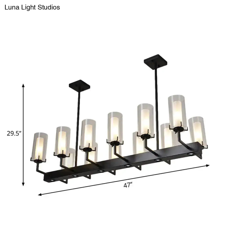 Black metal chandelier with ten frosted cylinder clear glass shades for clear glass island pendant lighting