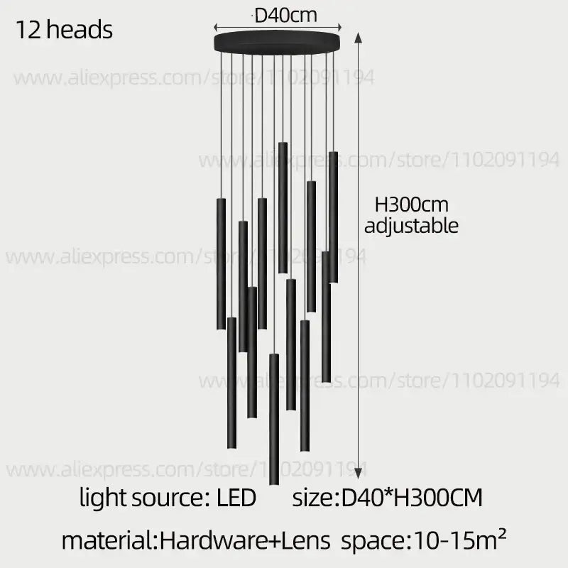 Modern black cylindrical led staircase chandelier with 12 hanging elements and adjustable height by decorbites cylindrical led