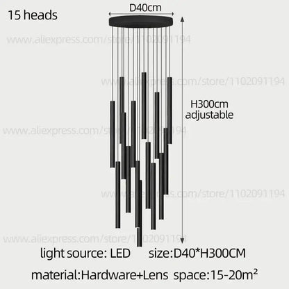 Modern black cylindrical led staircase chandelier with 15 hanging light heads by decorbites cylindrical led collection