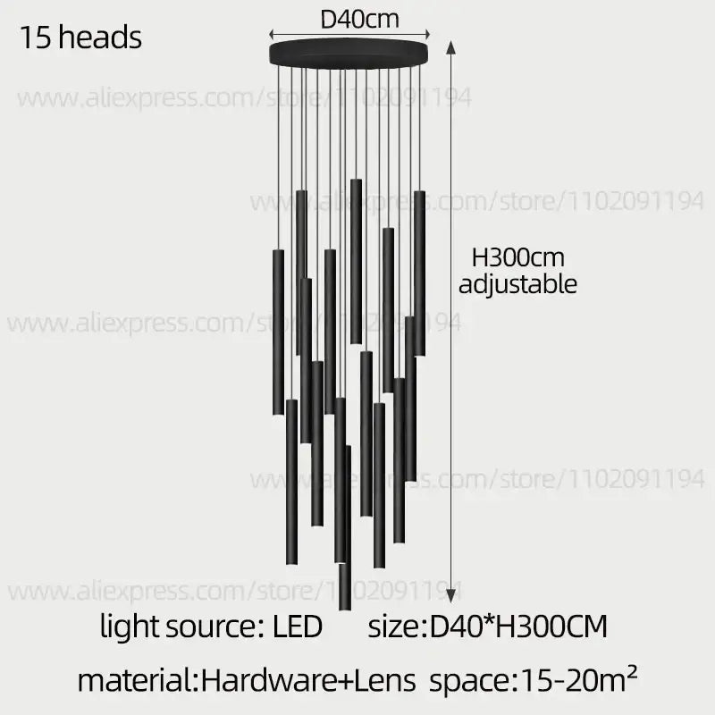 Modern black cylindrical led staircase chandelier with 15 hanging light heads by decorbites cylindrical led collection