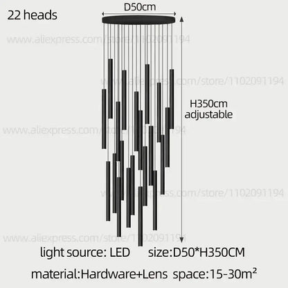 Modern black cylindrical led staircase chandelier with 22 hanging fixtures by decorbites cylindrical led for elegant lighting decor