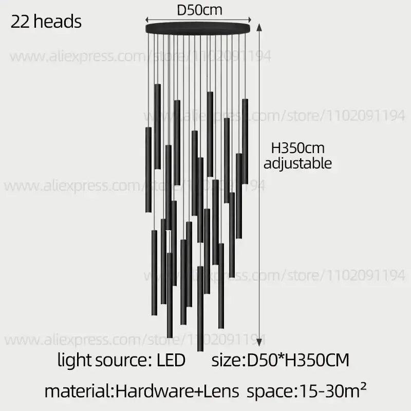 Modern black cylindrical led staircase chandelier with 22 hanging fixtures by decorbites cylindrical led for elegant lighting decor