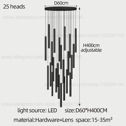 Modern black cylindrical led staircase chandelier with 25 hanging light heads by decorbites cylindrical led collection