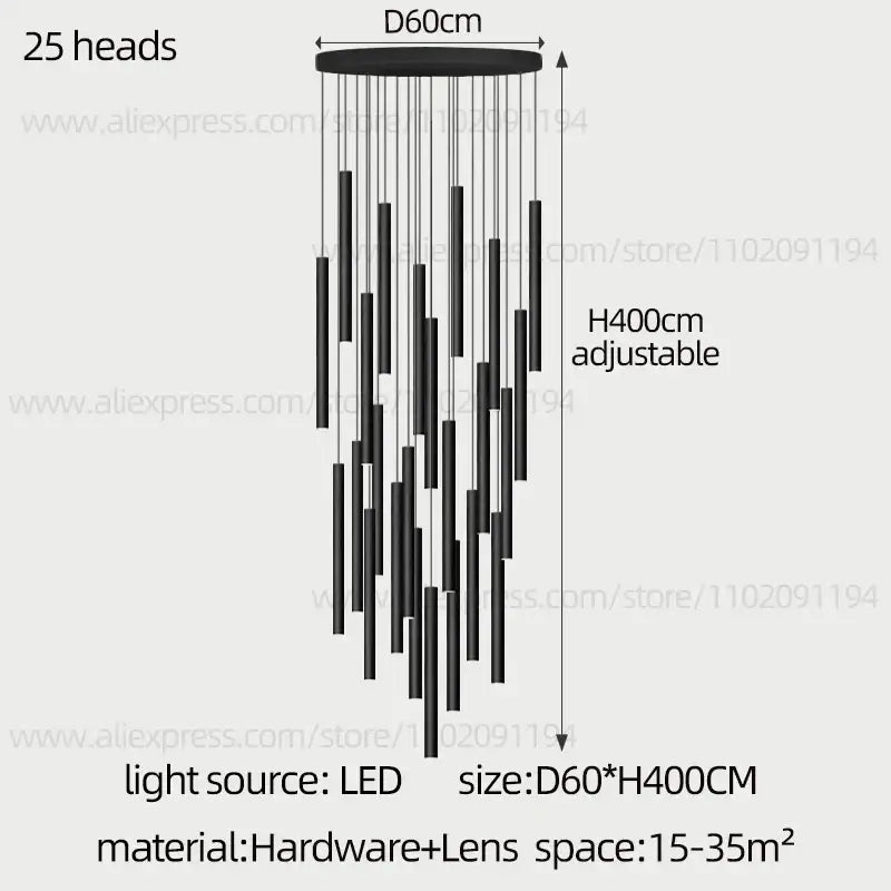 Modern black cylindrical led staircase chandelier with 25 hanging light heads by decorbites cylindrical led collection