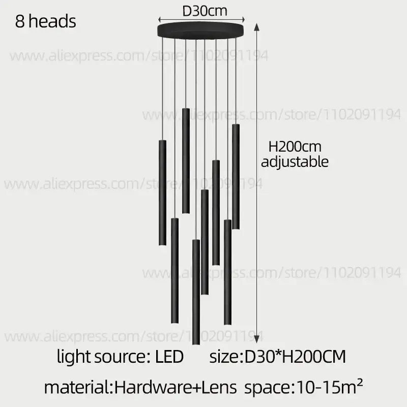 Modern black cylindrical led staircase chandelier suspension light with eight adjustable height tubes by decorbites cylindrical led