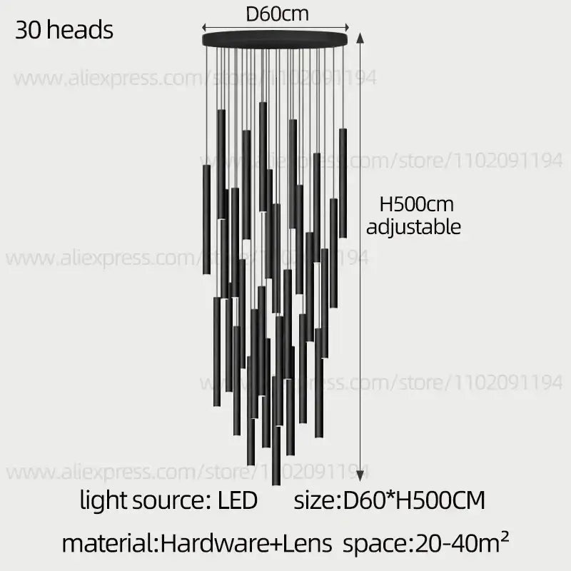 Modern black cylindrical led staircase chandelier with 30 hanging light heads by decorbites cylindrical led