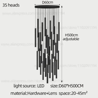Modern black cylindrical led staircase chandelier with 35 hanging light fixtures by decorbites cylindrical led