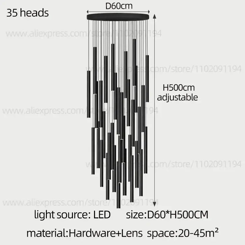 Modern black cylindrical led staircase chandelier with 35 hanging light fixtures by decorbites cylindrical led