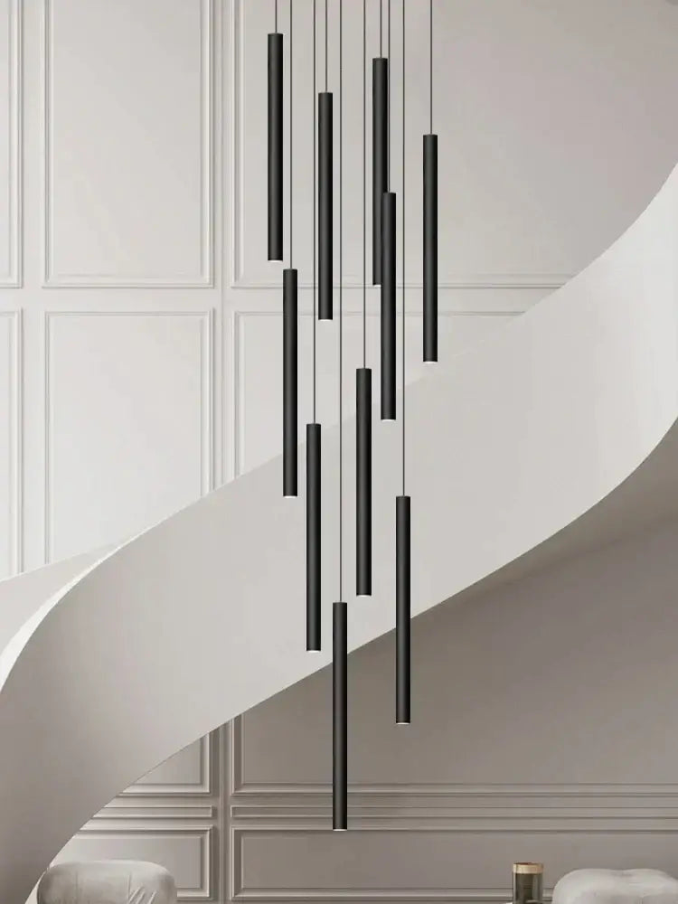 Modern black cylindrical led staircase chandelier suspension light with decorbites cylindrical led minimalist design