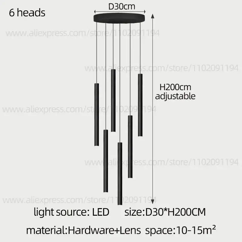 Modern black cylindrical led staircase chandelier suspension light with six rods adjustable up to 200cm by decorbites cylindrical led