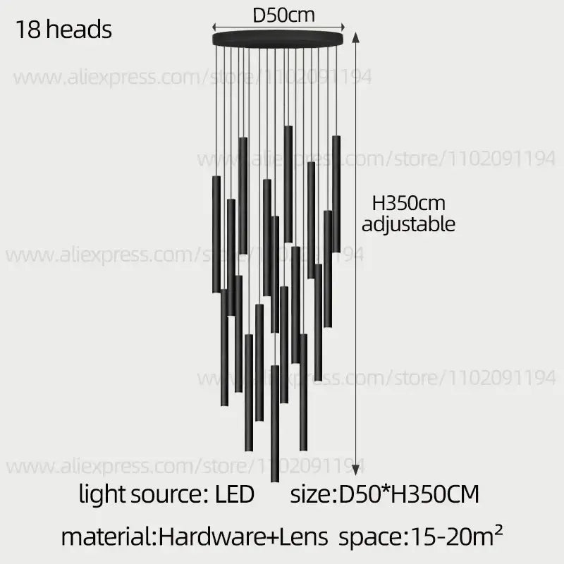 Modern black cylindrical led staircase chandelier with 18 light heads suspended from circular base decorbites cylindrical led