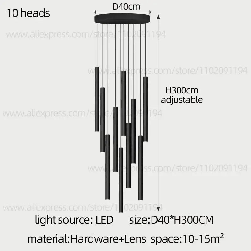 Modern black cylindrical led staircase chandelier with ten hanging elements by decorbites cylindrical led design