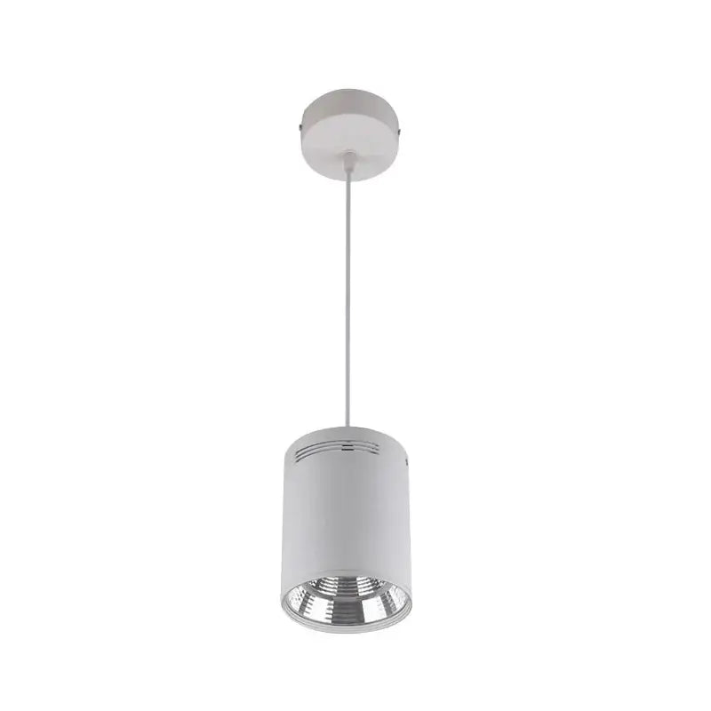 White cylindrical pendant ceiling spot light with metallic reflector and sleek modern design for kitchen lighting