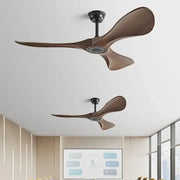Modern black and dark brown ceiling fan with three wooden blades and blade dc motor with remote control for bedroom use