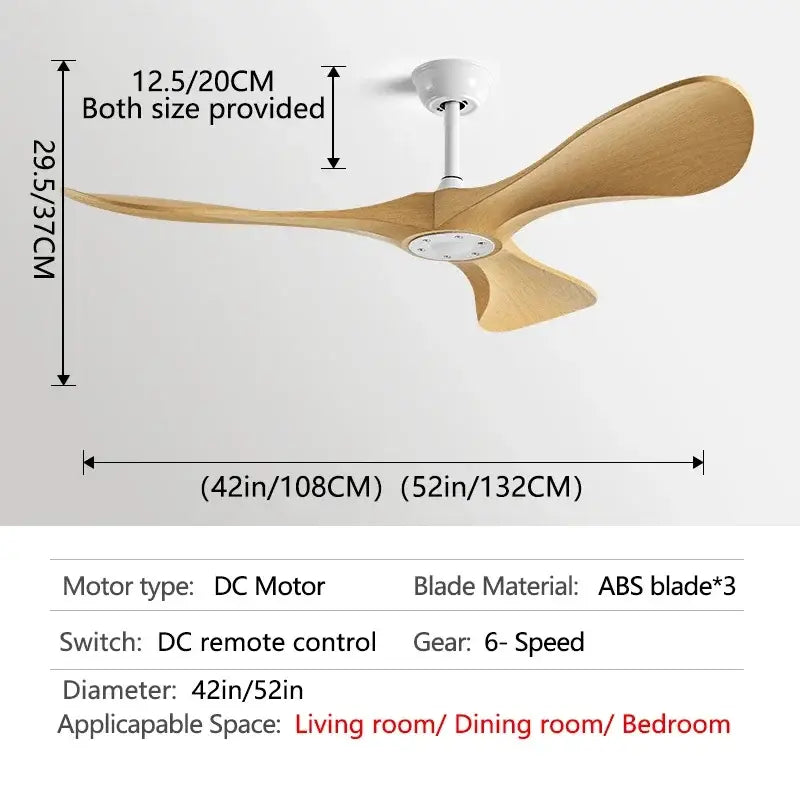 Modern black and dark brown ceiling fan with remote control featuring three light wood abs blades and blade dc motor