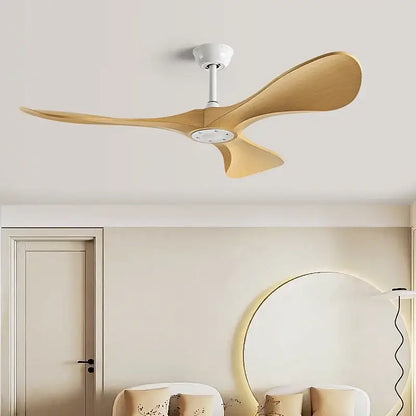 Modern black and dark brown ceiling fan with three light wood blades remote control and blade dc motor for bedroom use