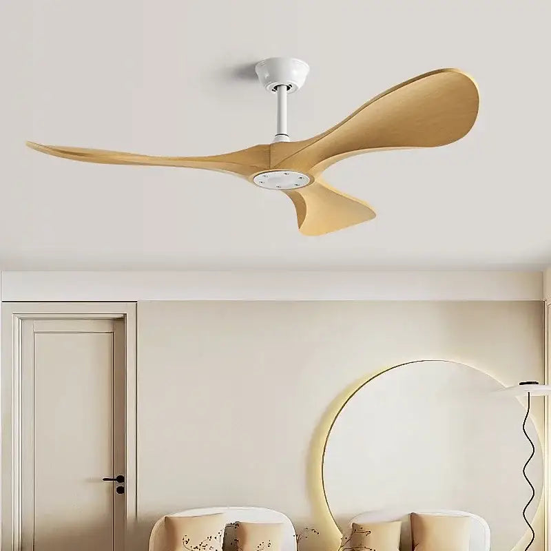 Modern black and dark brown ceiling fan with three light wood blades remote control and blade dc motor for bedroom use