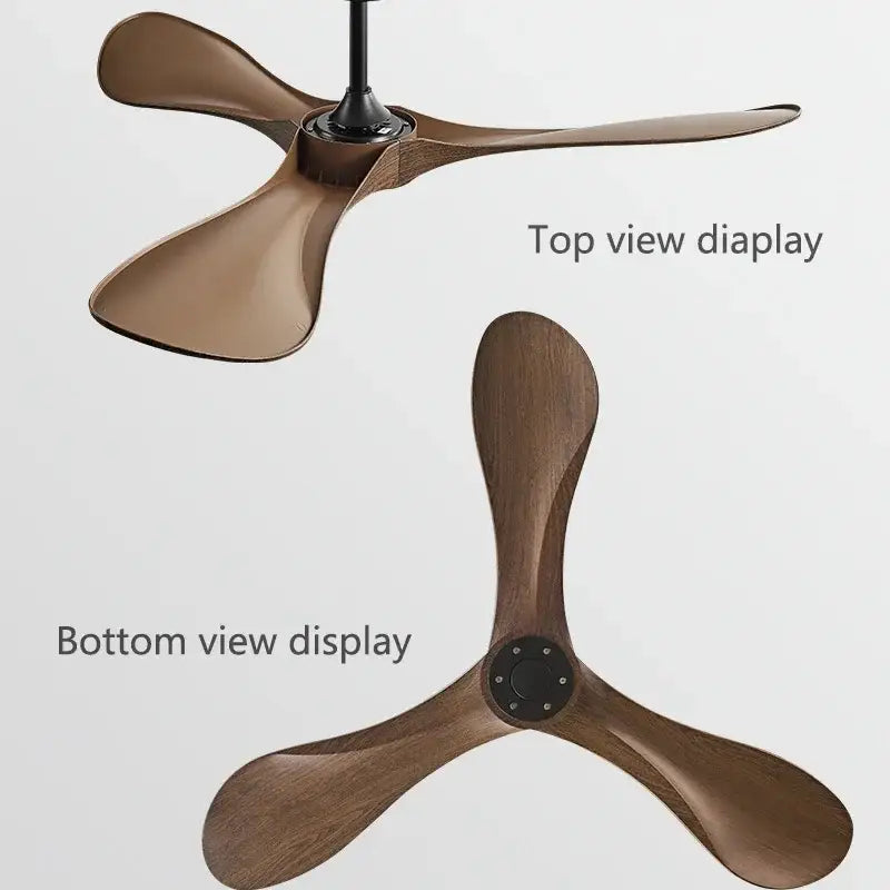 Modern black and dark brown ceiling fan with three wooden blades remote control and energy efficient blade dc motor for bedroom
