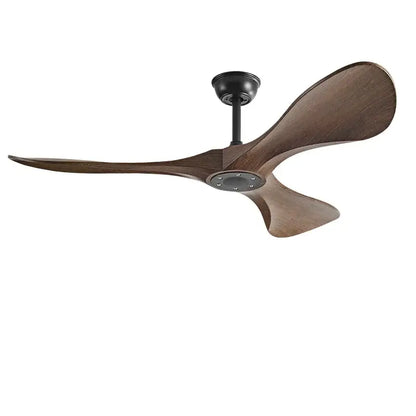 Modern black and dark brown ceiling fan with remote control featuring dark brown wooden blades and a blade dc motor hub