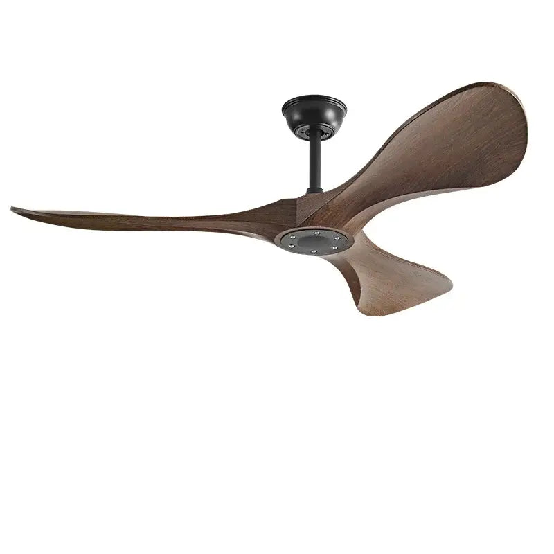Modern black and dark brown ceiling fan with remote control featuring dark brown wooden blades and a blade dc motor hub