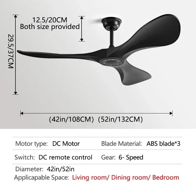 Modern black and dark brown ceiling fan with three curved ABS blades and remote control blade DC motor for bedroom use