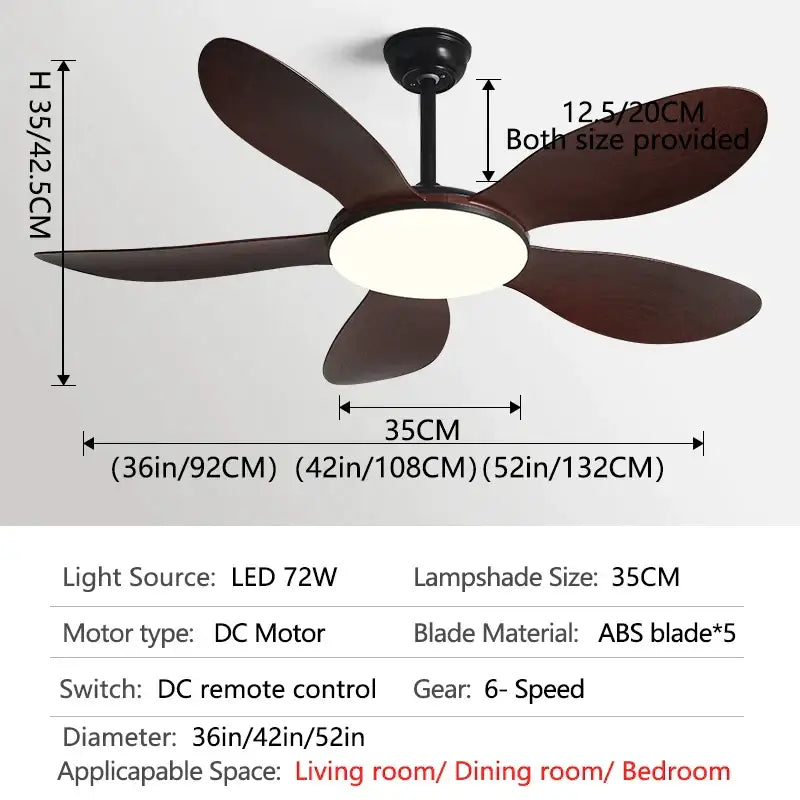 Modern black dc ceiling fan light with dark brown wood abs blades and integrated led for bedroom use