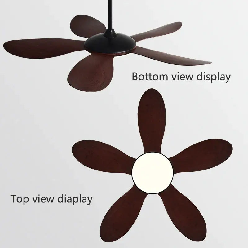 Modern black dc ceiling fan light with dark brown wooden blades and integrated light fixture for bedroom use