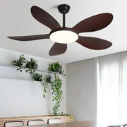 Modern black dc ceiling fan light with dark brown wooden blades and integrated circular light fixture for bedroom use